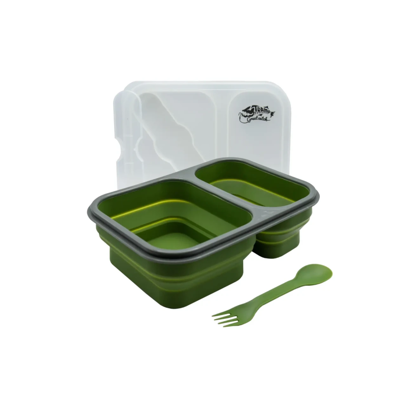 Контейнер TRAMP складаний силіконовий 2 відділи з кришкою защіпкою 900мл (з ложкою-виделкою) , Оливковий (UTRC-090-olive)