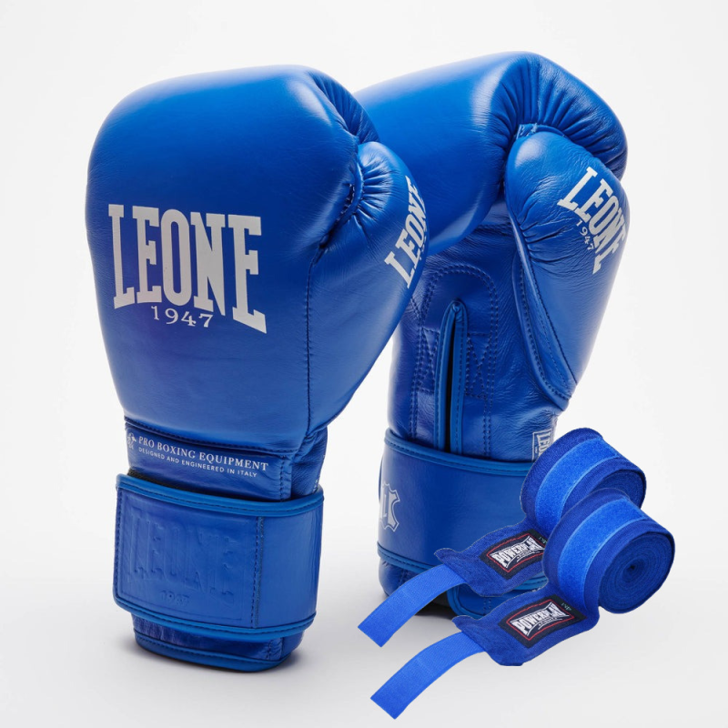 Боксерські рукавиці Leone GN111 THE GREATEST Blue 16 унцій (бинти 4 м. в комплекті)