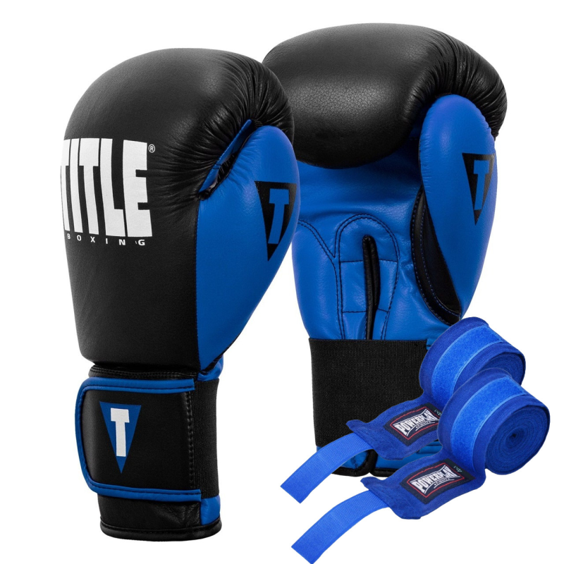 Боксерські рукавиці TITLE Boxing Dynamic Strike Black/Blue 16 oz (бинти 4м. у комплекті)