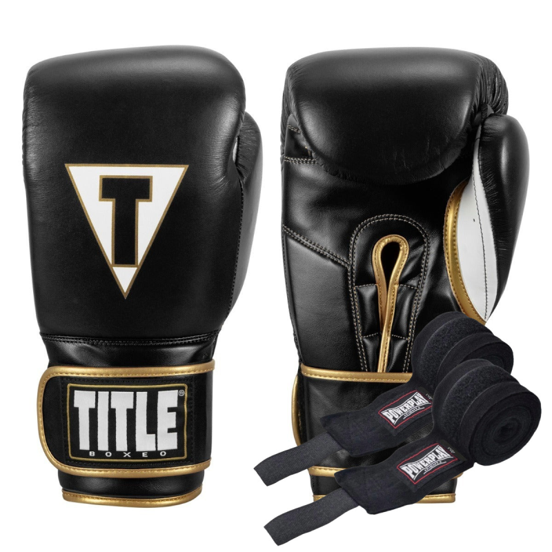 Боксерські рукавиці TITLE Boxeo Mexican Leather Quatro Black/White 14 oz (бинти 4м. в комплекті)