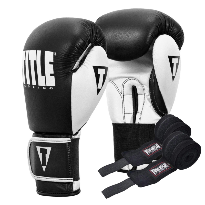 Боксерські рукавиці TITLE Boxing Dynamic Strike Black/White 16 oz (бинти 4м. в комплекті)