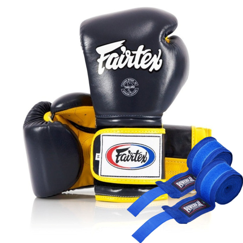 Боксерські рукавиці Fairtex BGV9 Mexican Blue/Yellow 10 унцій (бинти в комплекті)
